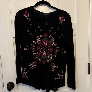 Lucky Brand Black Embroidered Long Sleeve Top Size Small